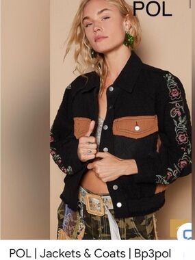 .POL Black Quilted Jacket with Brown Pocket Accents and Floral Sleeves
